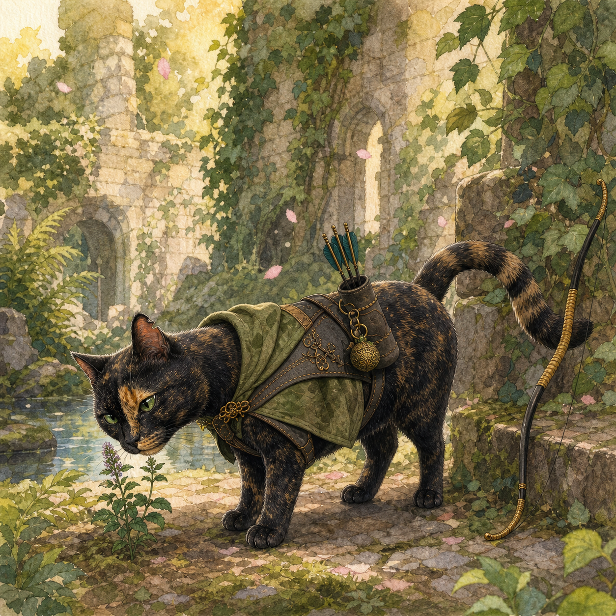 Catnip Everdeen, a tortoiseshell forest outlaw in ivy-covered ruins